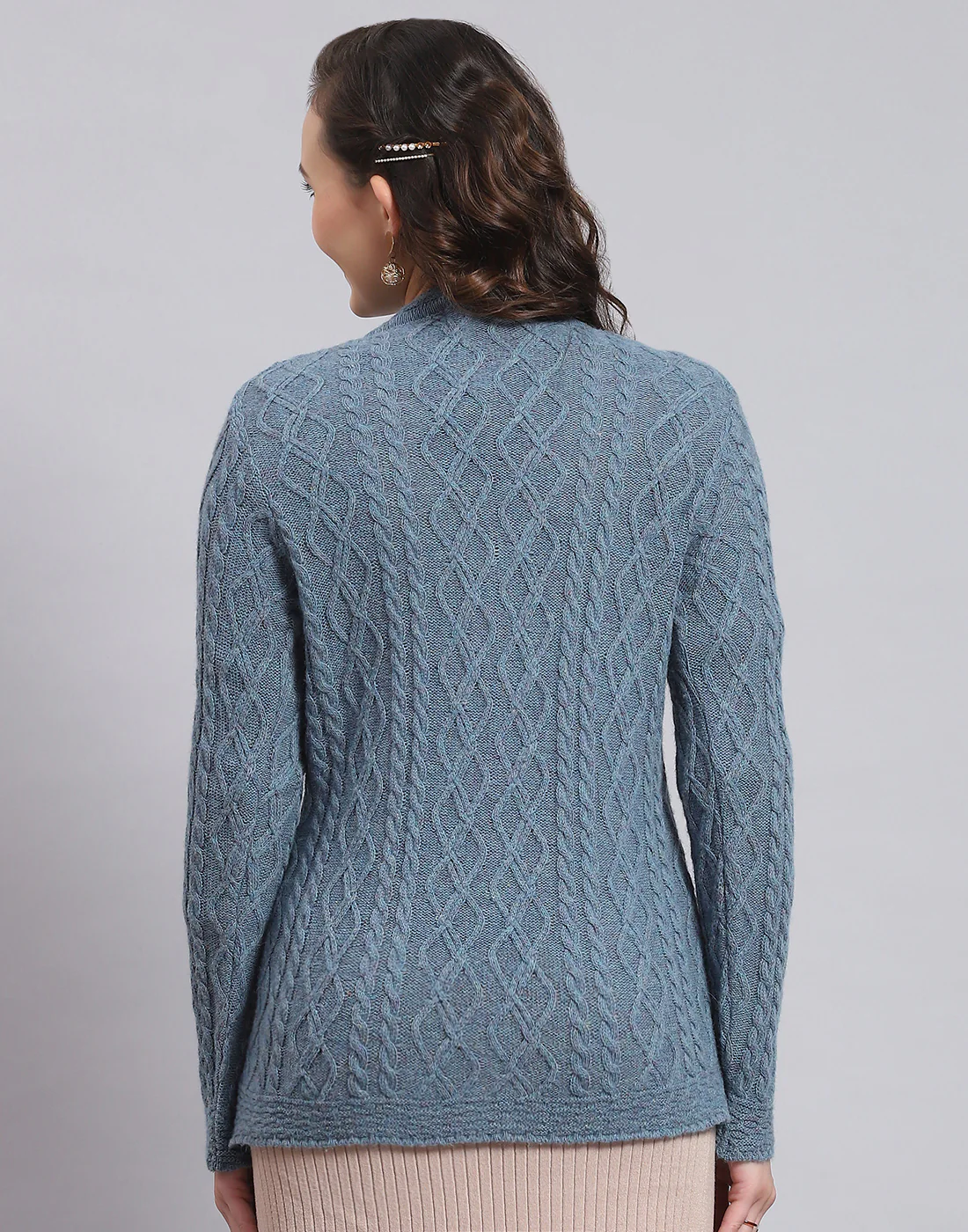 Women Blue Self Design V Neck Full Sleeve Sweater - Image 6