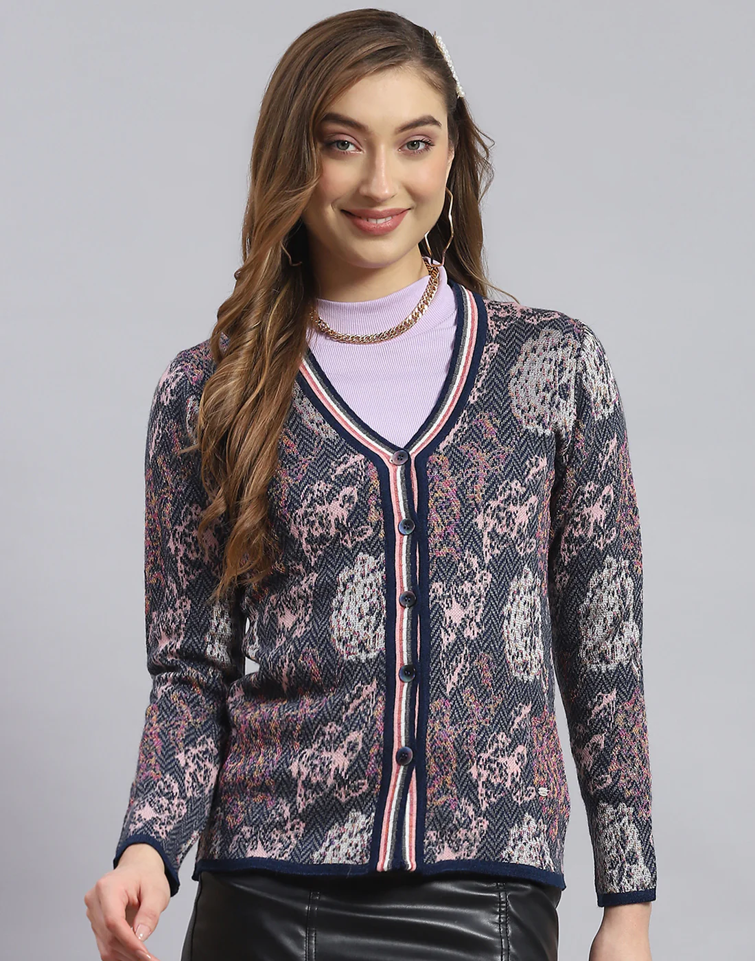 Women Blue Self Design V Neck Full Sleeve Sweater - Image 2