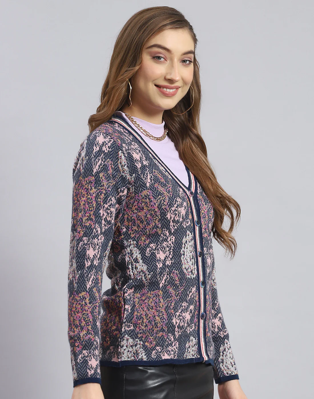 Women Blue Self Design V Neck Full Sleeve Sweater - Image 4