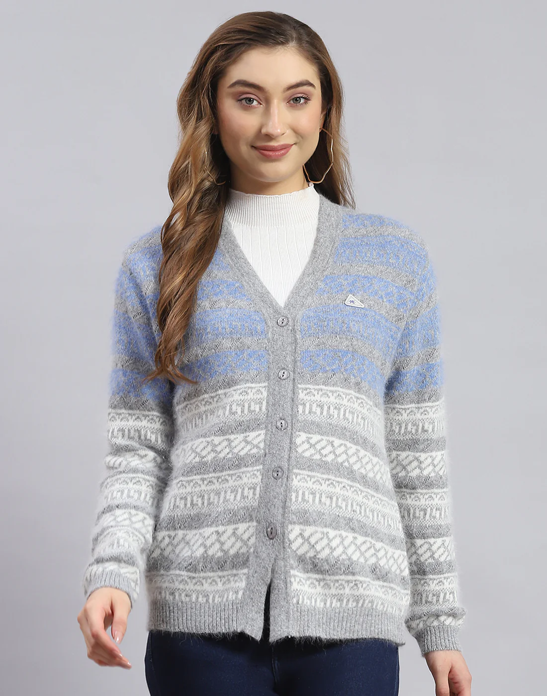 Women Blue Self Design V Neck Full Sleeve Sweater - Image 2