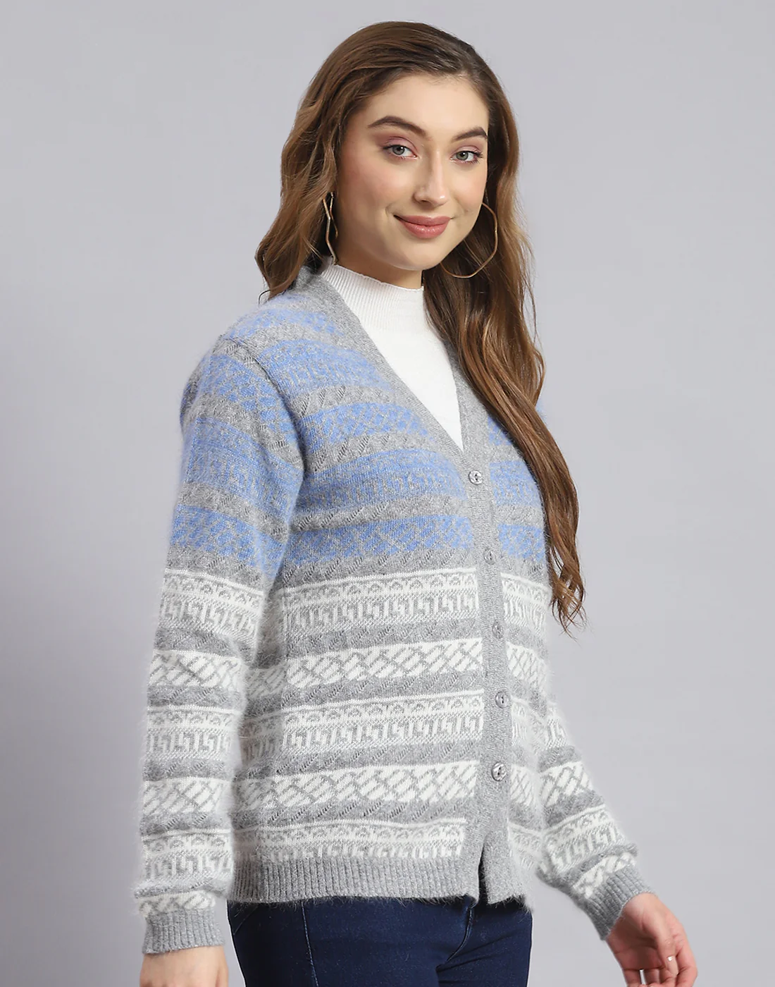 Women Blue Self Design V Neck Full Sleeve Sweater - Image 4