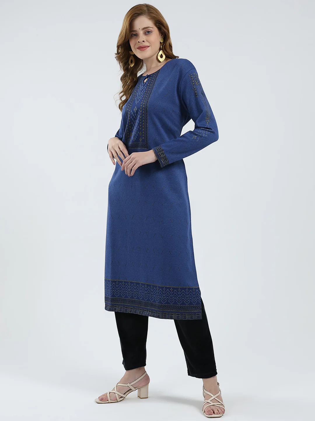 Women Blue Self Design Round Neck Full Sleeve Winter Kurti - Image 3