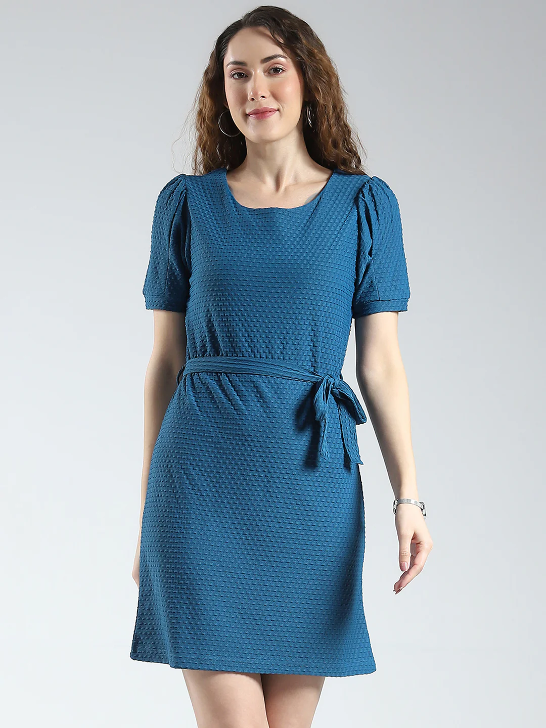 Women Blue Self Design Round Neck Half Sleeve Dress - Image 3