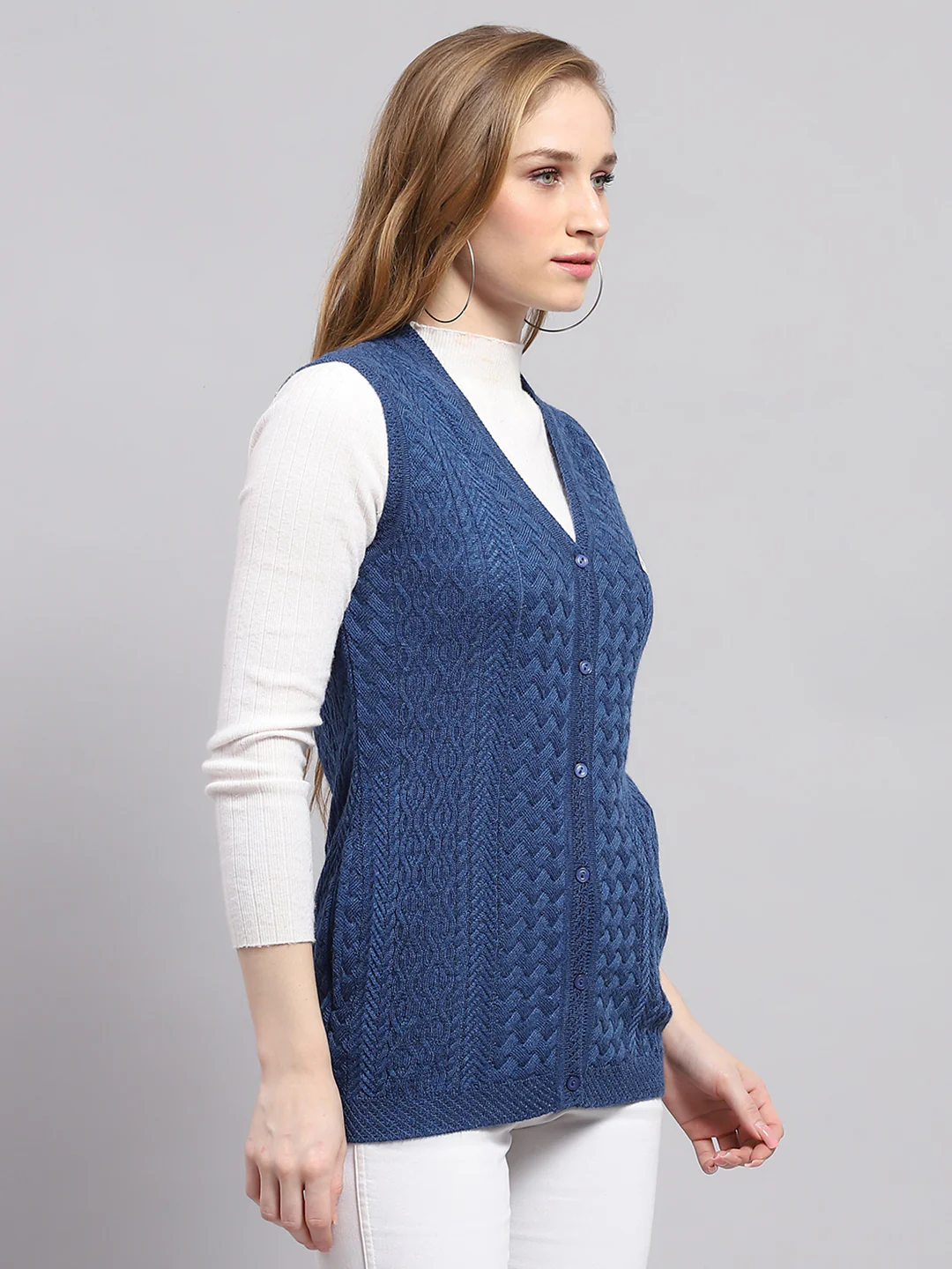 Women Blue Self Design V Neck Sleeveless Cardigan - Image 4