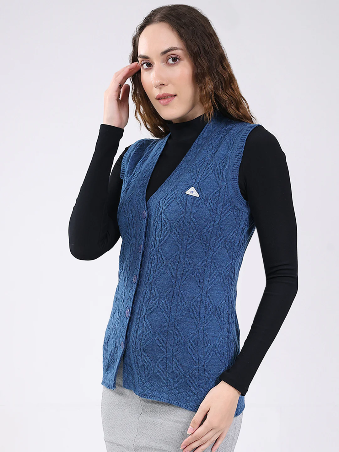 Women Blue Self Design V Neck Sleeveless Cardigan - Image 3
