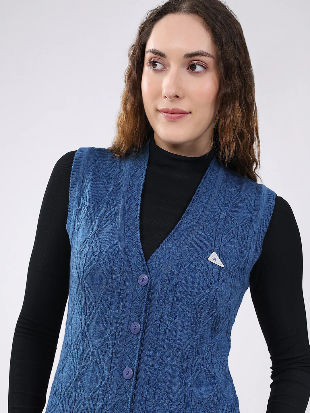 Women Blue Self Design V Neck Sleeveless Cardigan - Image 6