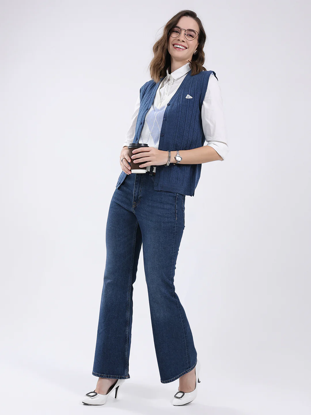 Women Blue Self Design V Neck Sleeveless Cardigan - Image 2