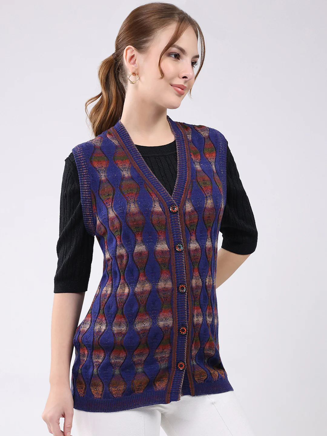 Women Blue Self Design V Neck Sleeveless Cardigan - Image 4