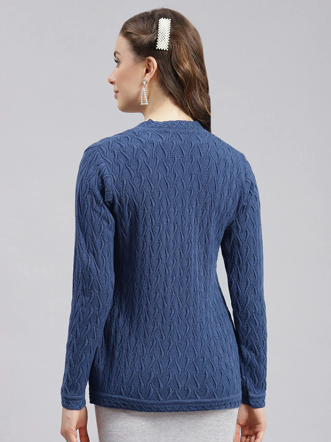 Women Blue Self Design Wool blend Cardigan - Image 4