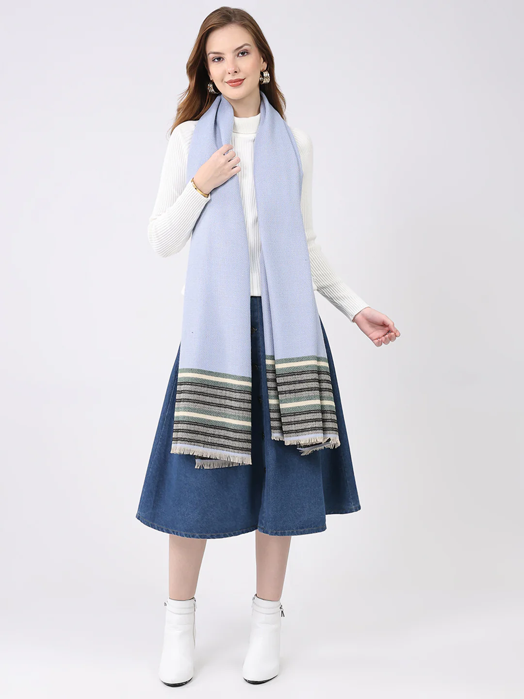 Women Blue Self Design Wool Stole - Image 2