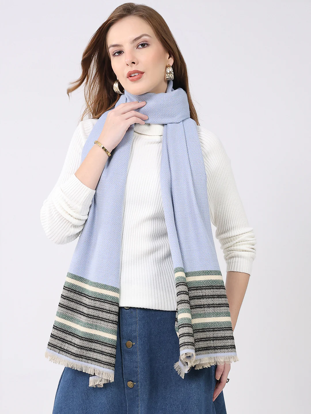 Women Blue Self Design Wool Stole - Image 3