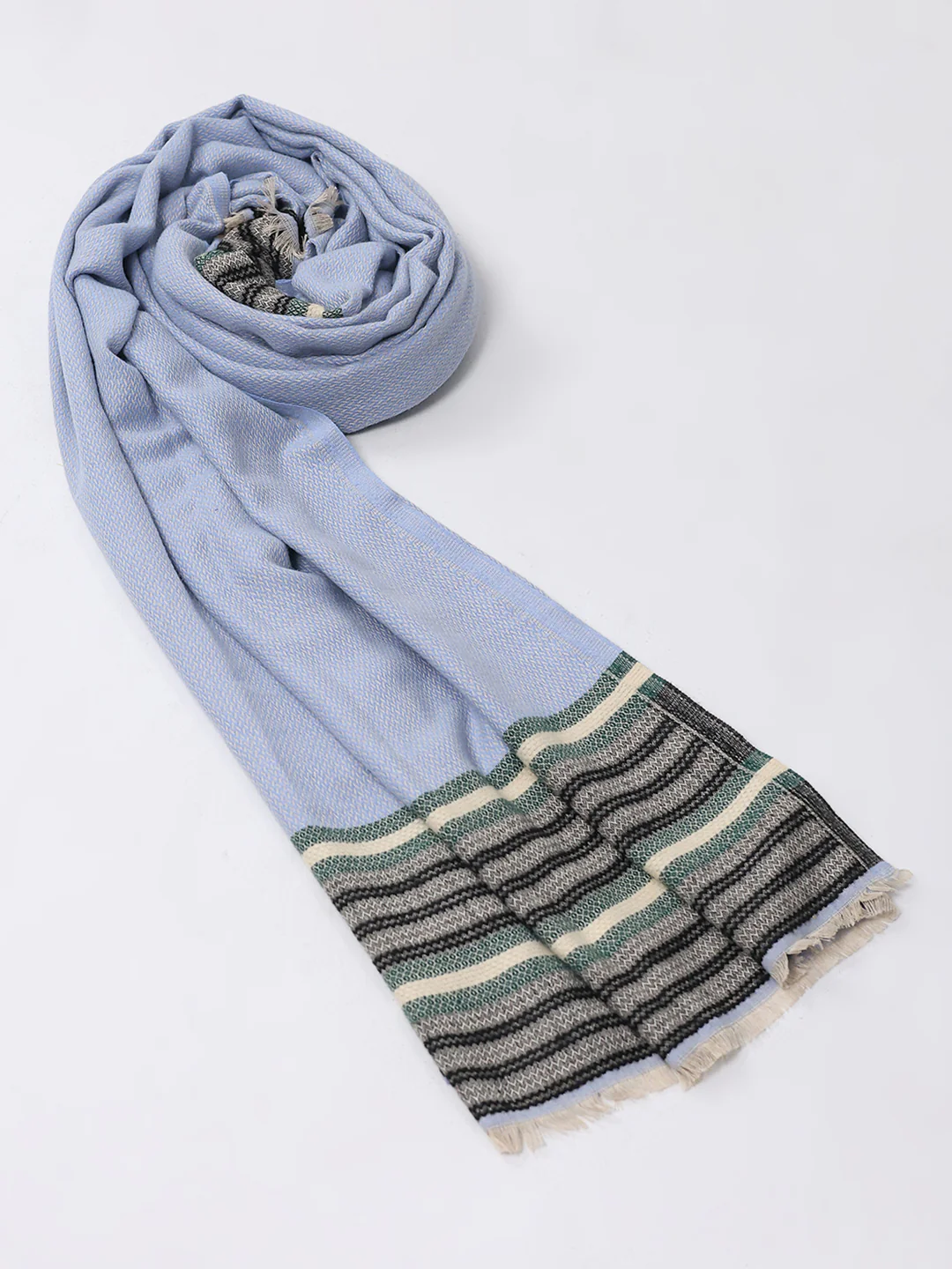 Women Blue Self Design Wool Stole - Image 6