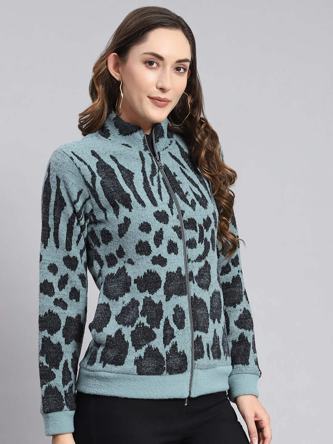 Women Blue Self Design F Neck Full Sleeve Sweatshirts - Image 4