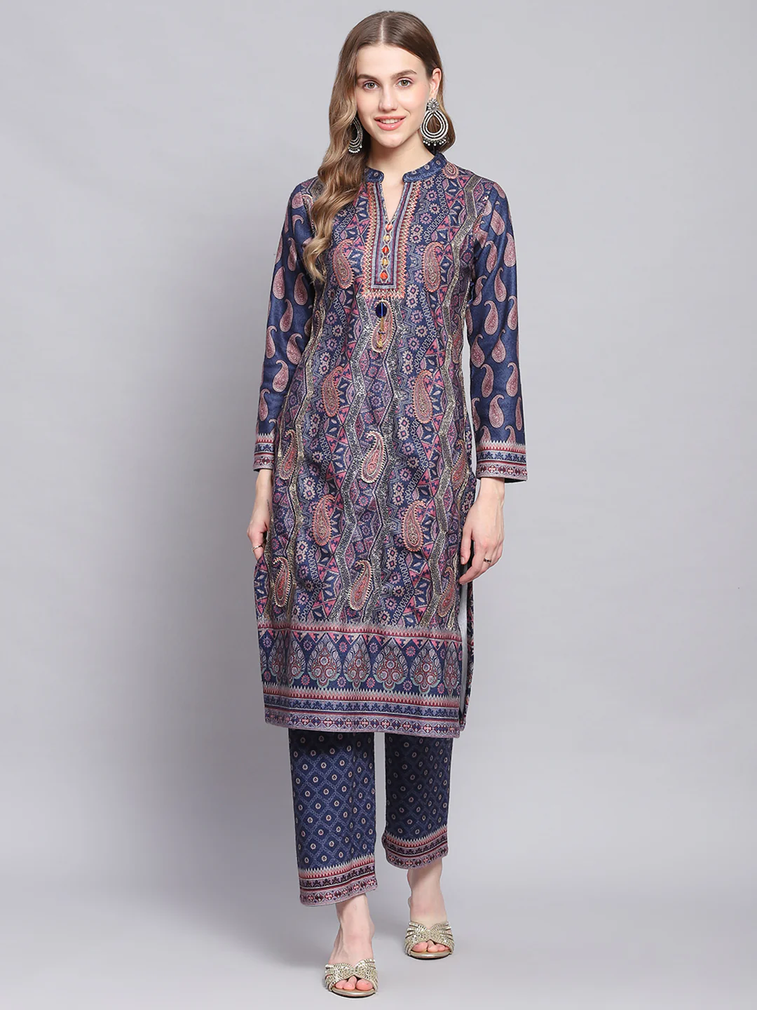 Women Blue Self Design Mandarin Collar Full Sleeve Kurtis Set - Image 2