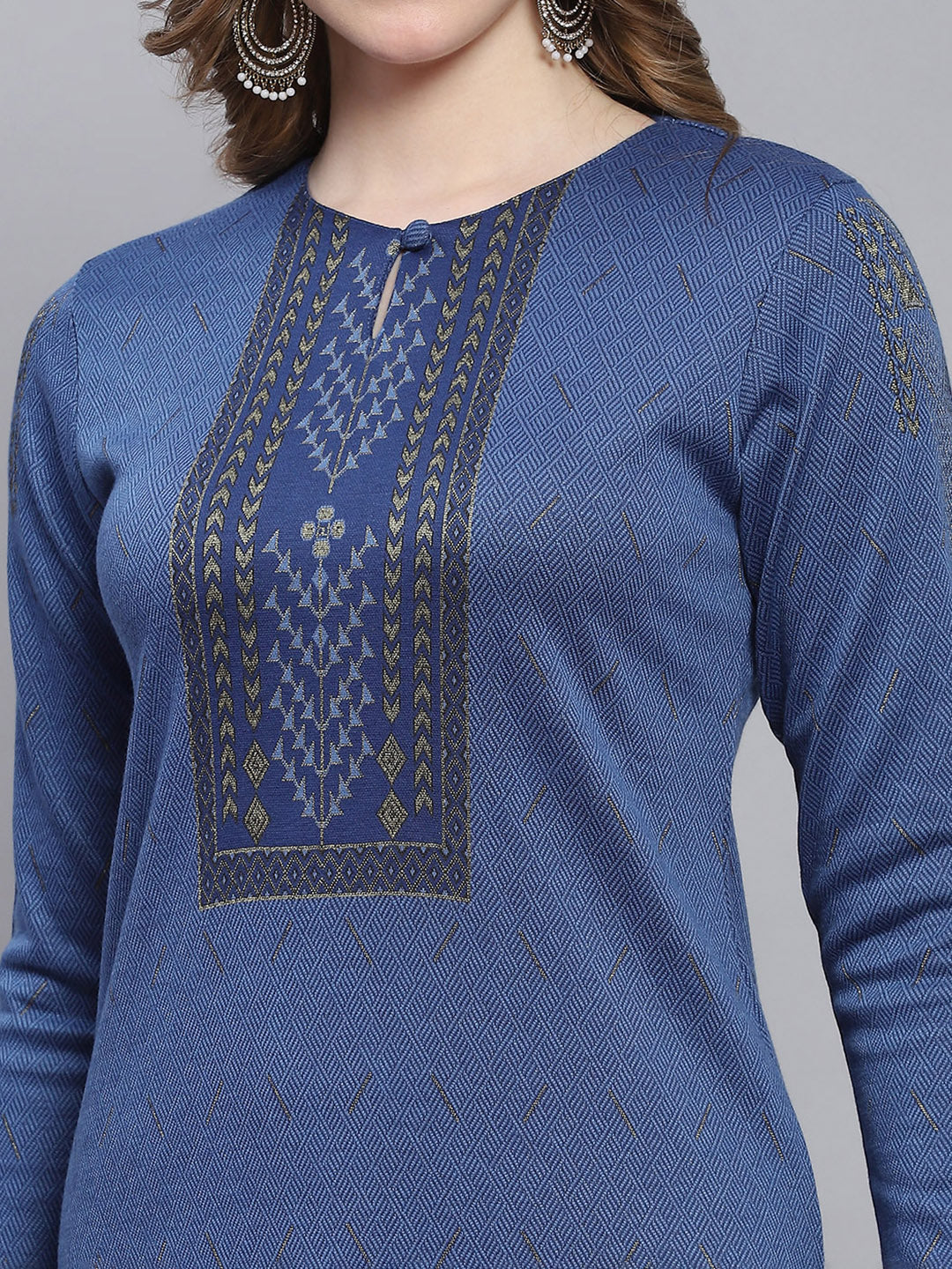 Women Blue Self Design Round Neck Full Sleeve Kurtis - Image 2
