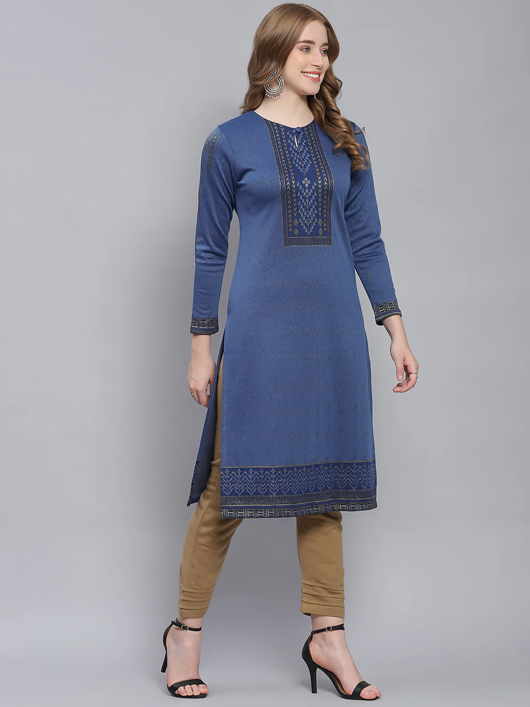Women Blue Self Design Round Neck Full Sleeve Kurtis - Image 5