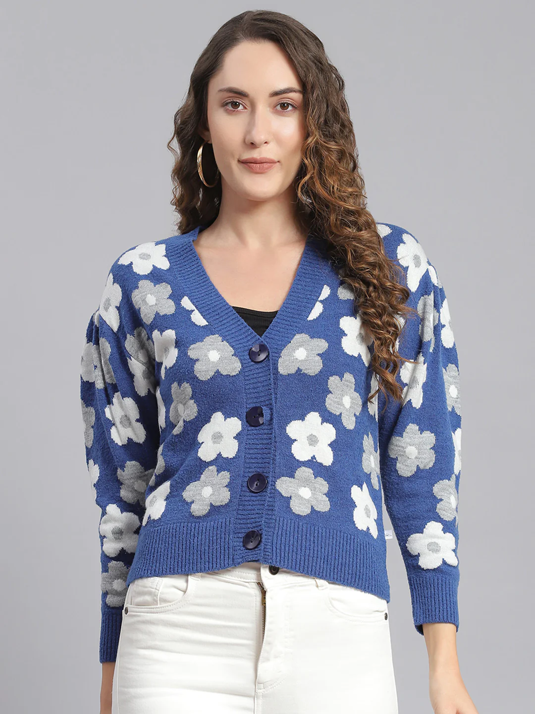 Women Blue Self Design V Neck Full Sleeve Cardigans - Image 4