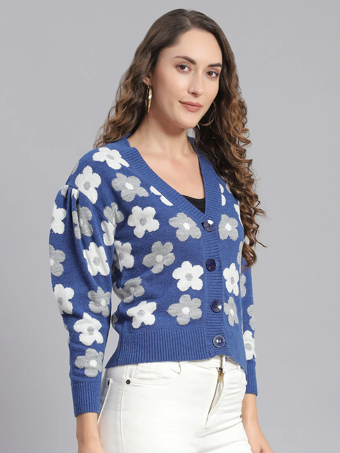 Women Blue Self Design V Neck Full Sleeve Cardigans - Image 5