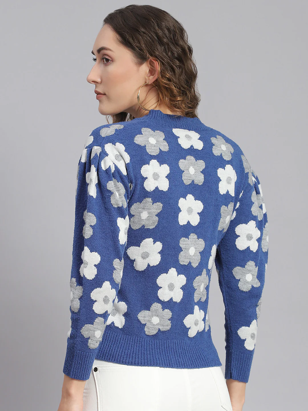 Women Blue Self Design V Neck Full Sleeve Cardigans - Image 6