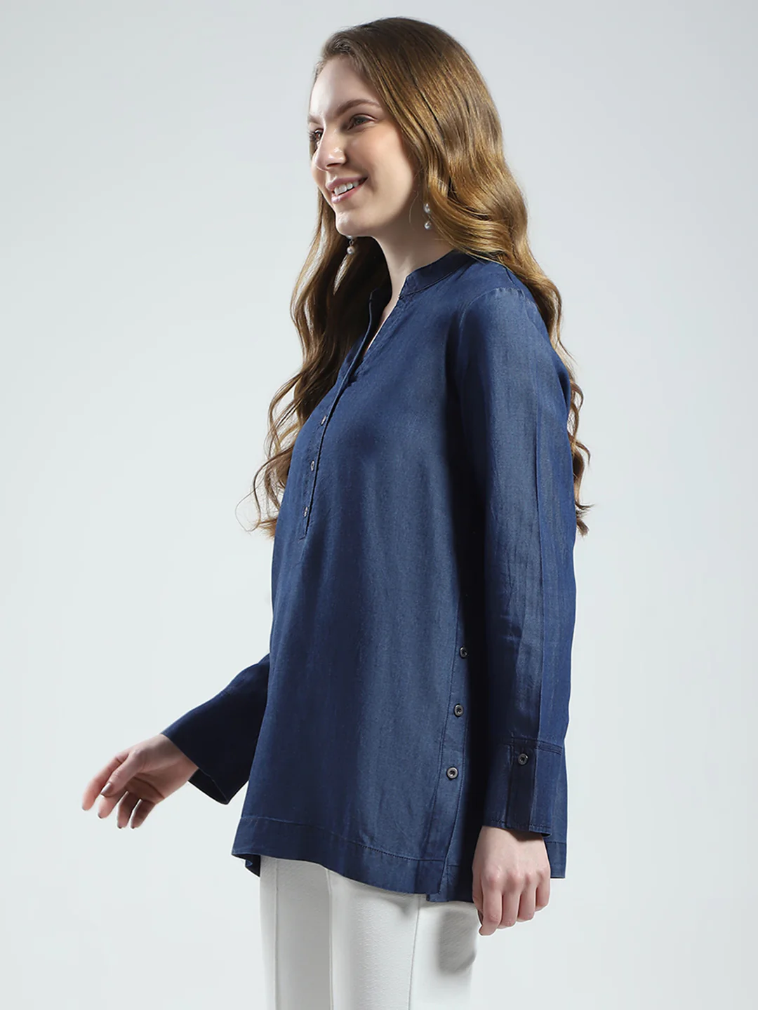 Women Blue Solid Band Collar Full Sleeve Top - Image 3