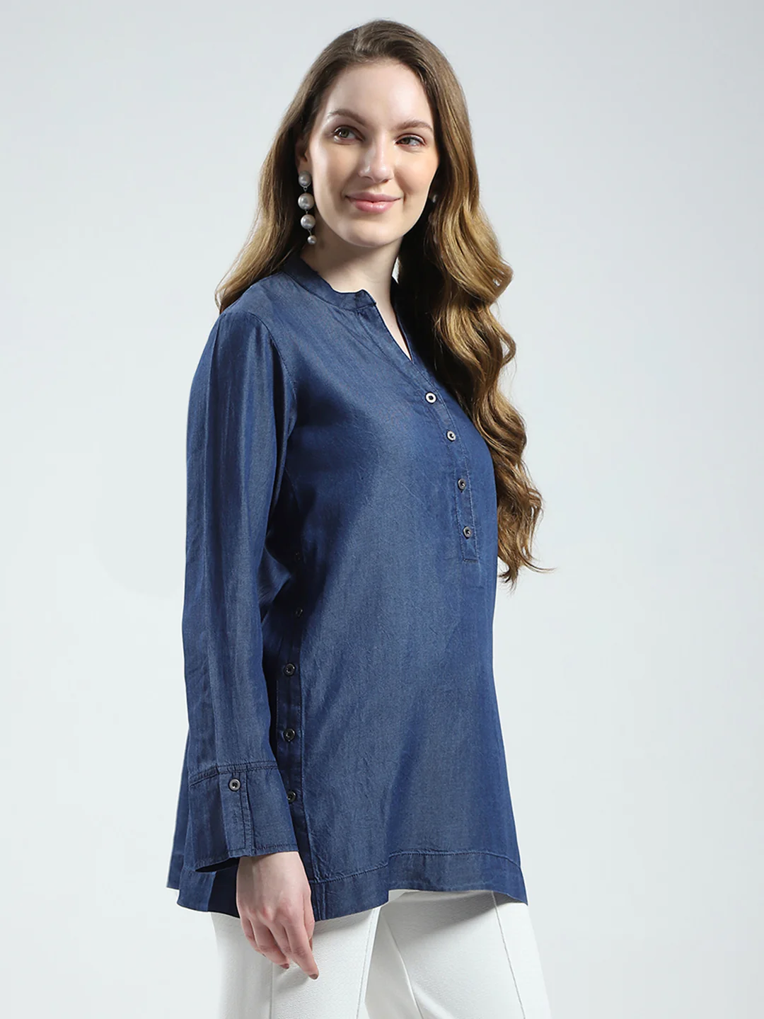 Women Blue Solid Band Collar Full Sleeve Top - Image 4