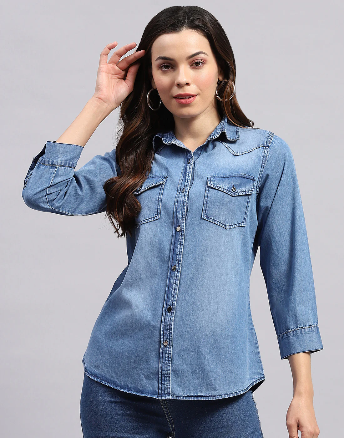 Women Blue Solid Collar 3/4 Sleeve Top - Image 3