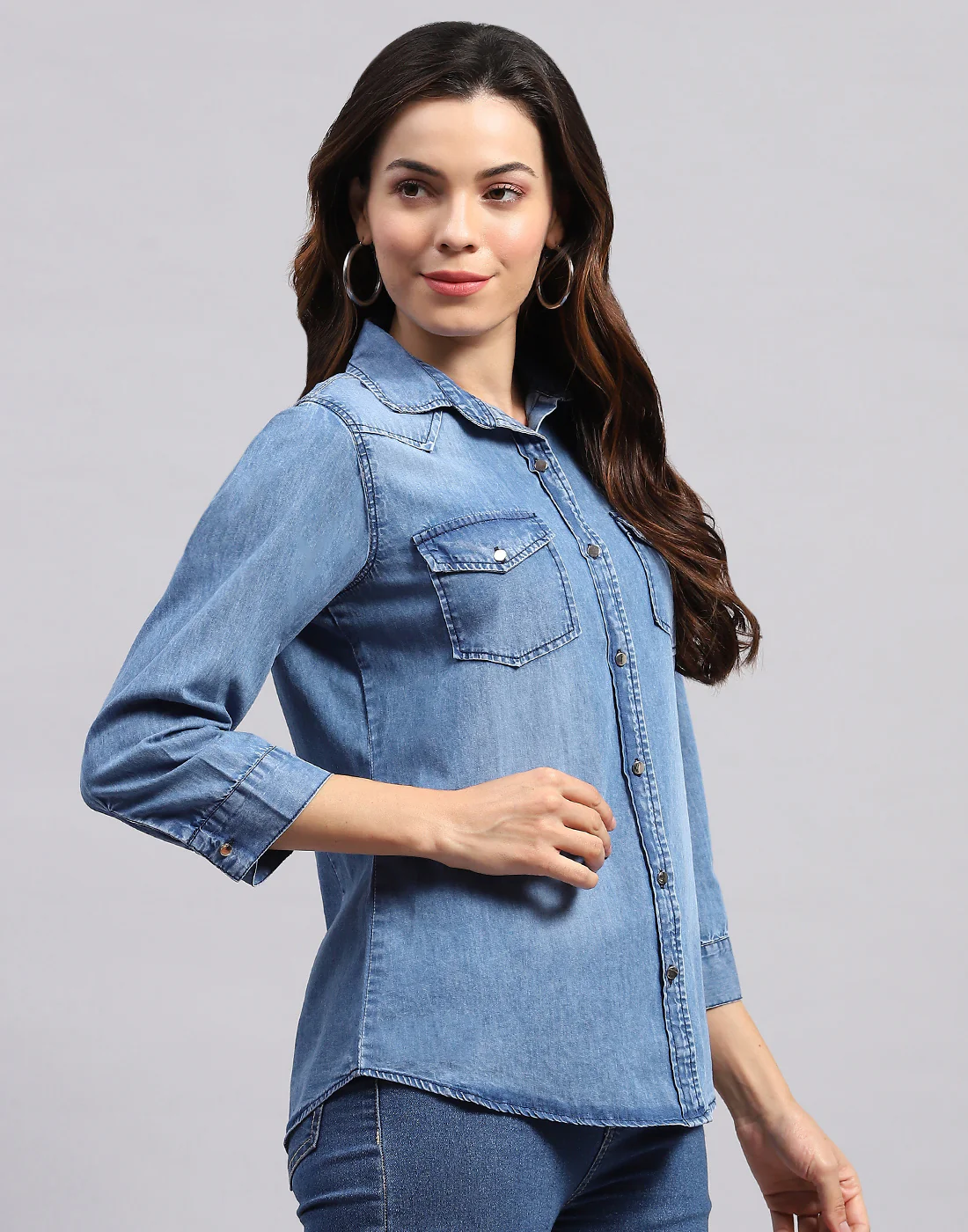 Women Blue Solid Collar 3/4 Sleeve Top - Image 4