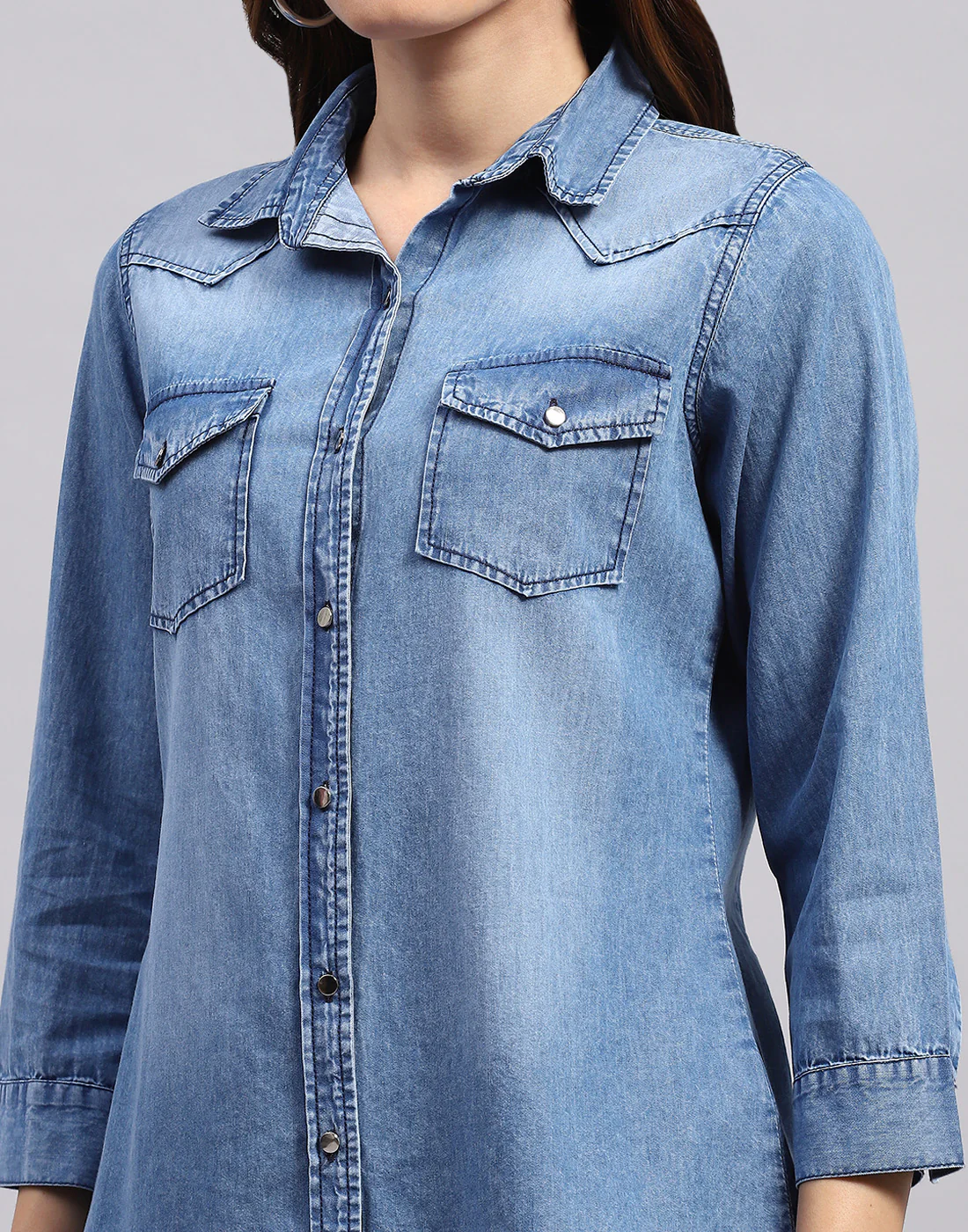 Women Blue Solid Collar 3/4 Sleeve Top - Image 6