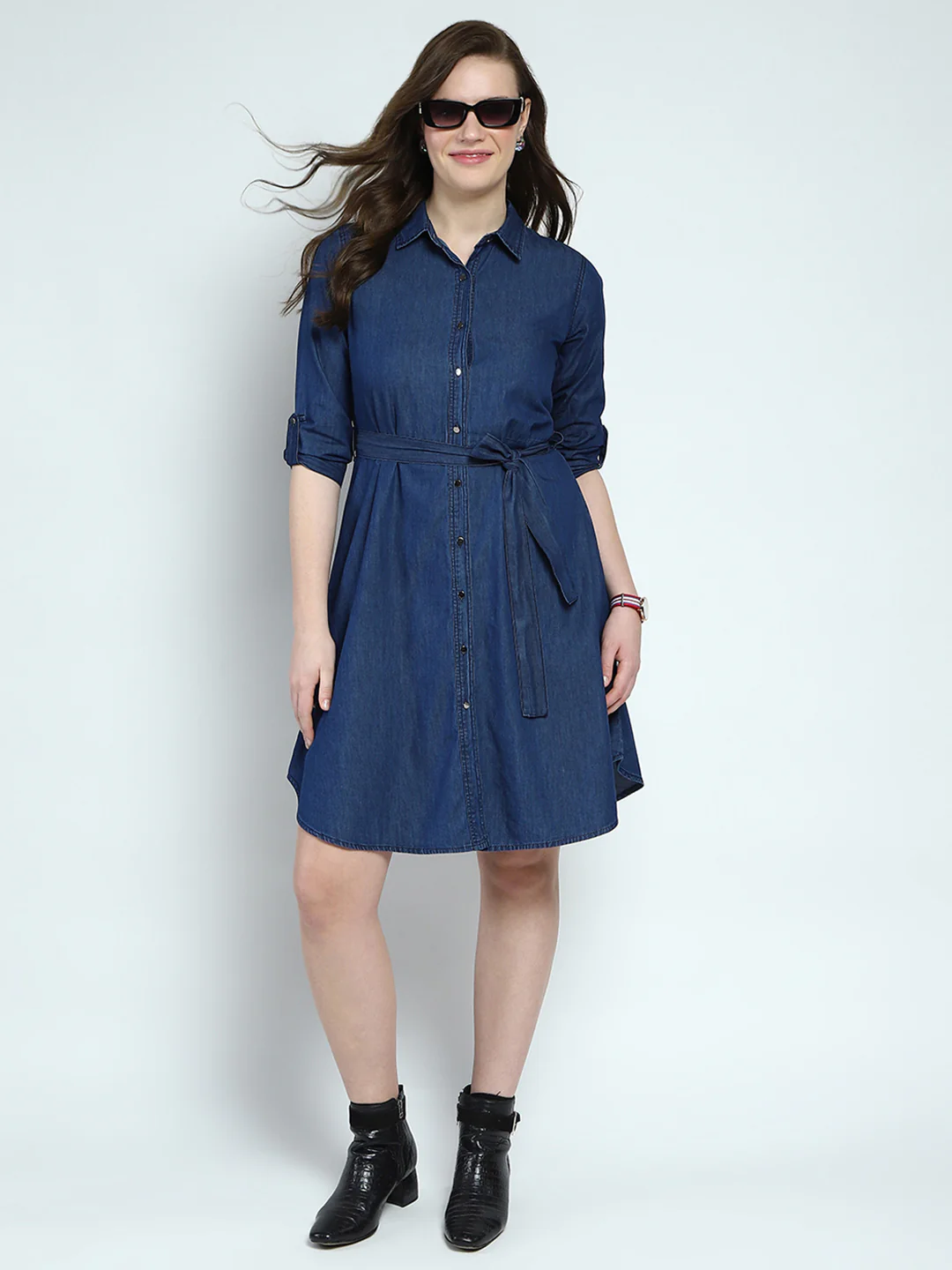 Women Blue Solid Collar 3/4th Sleeve Tunic - Image 2