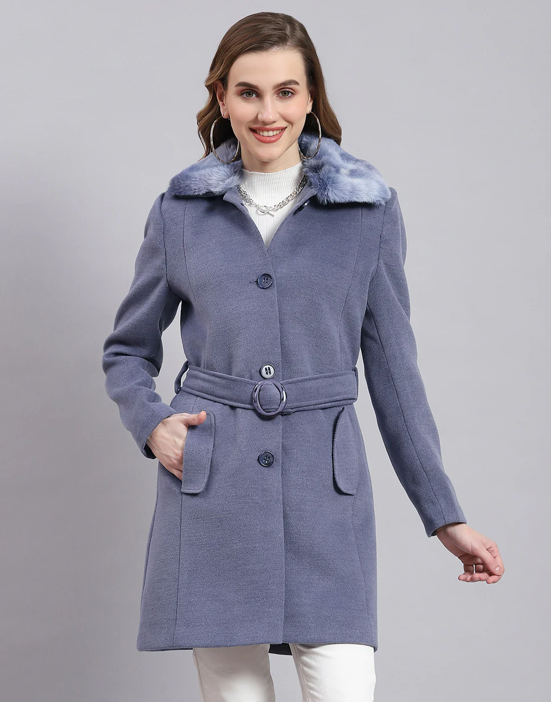 Women Blue Solid Collar Full Sleeve Coat - Image 2
