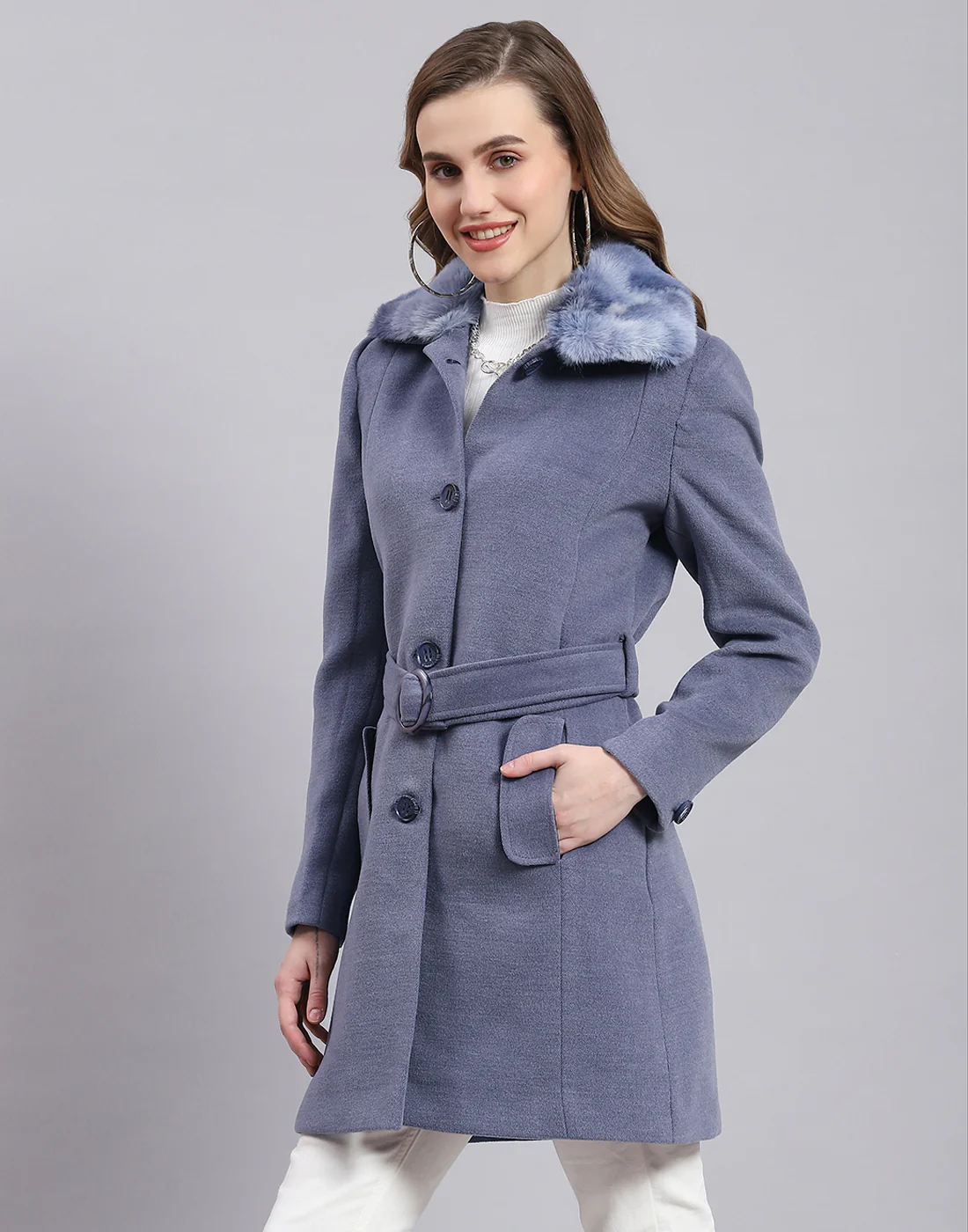 Women Blue Solid Collar Full Sleeve Coat - Image 3