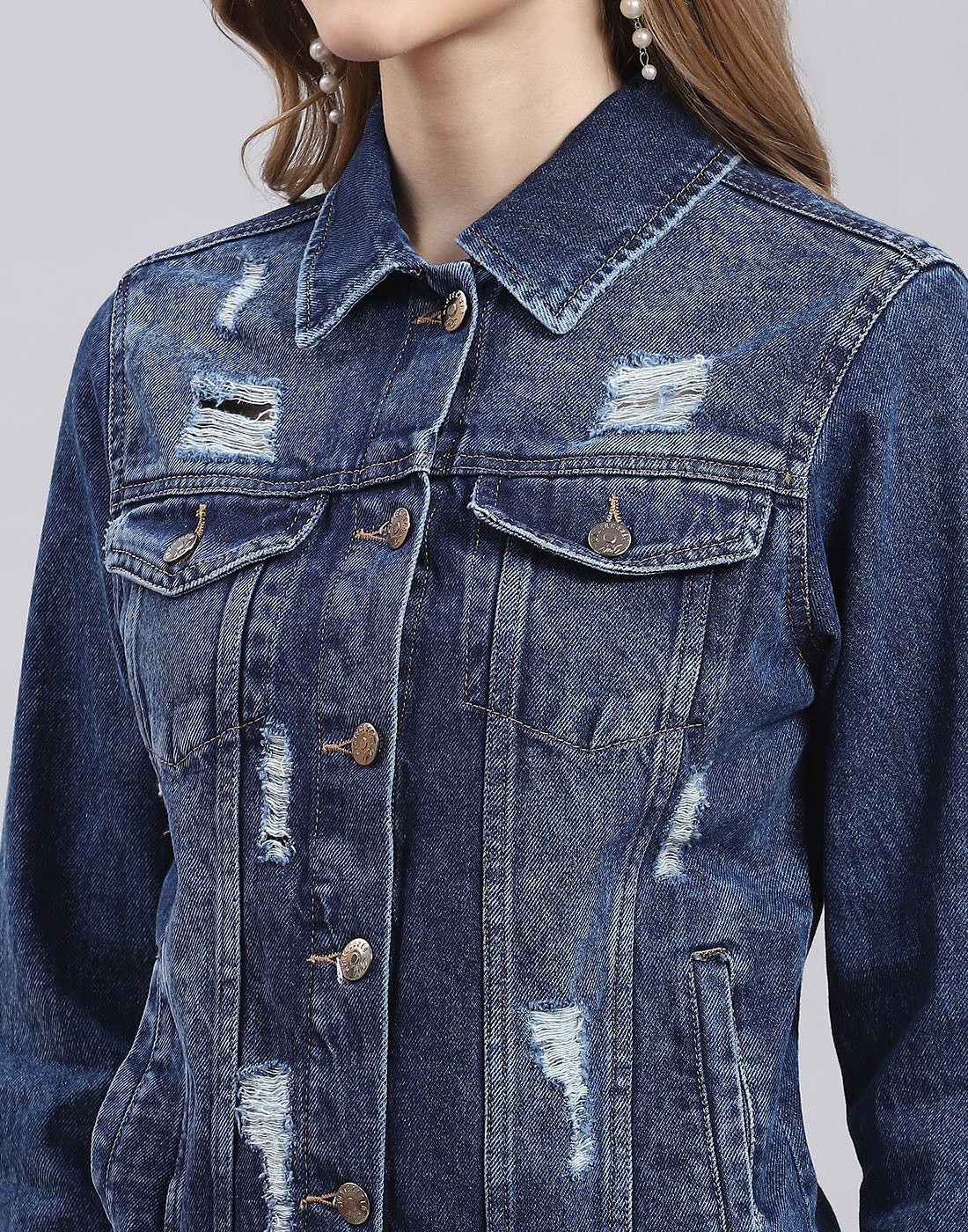 Women Blue Solid Collar Full Sleeve Jacket - Image 7