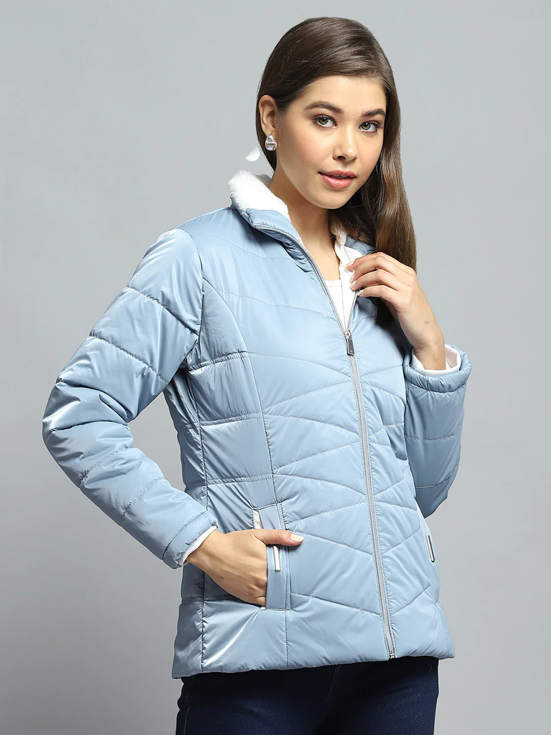 Women Blue Solid Collar Full Sleeve Jacket - Image 4