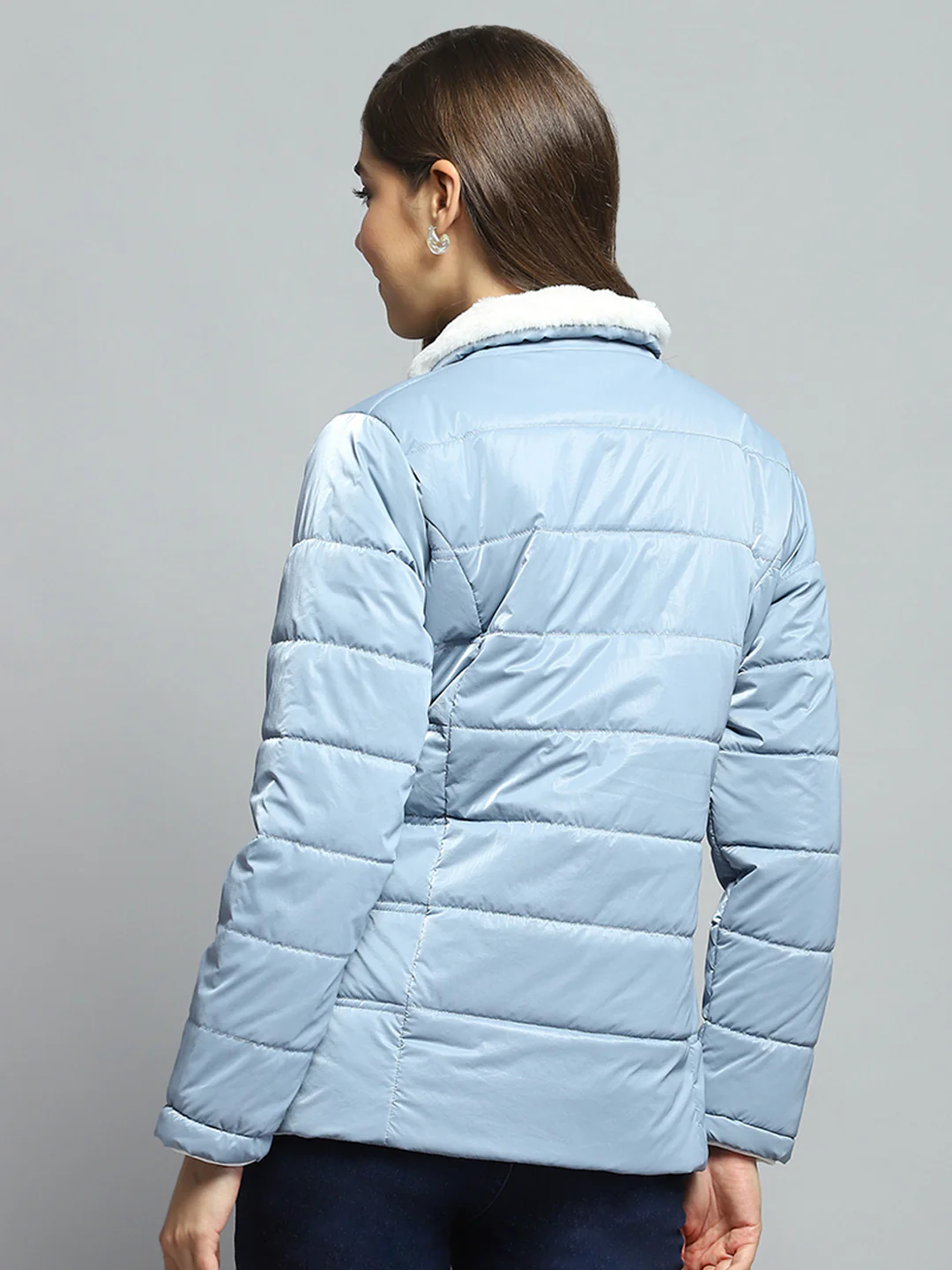 Women Blue Solid Collar Full Sleeve Jacket - Image 5