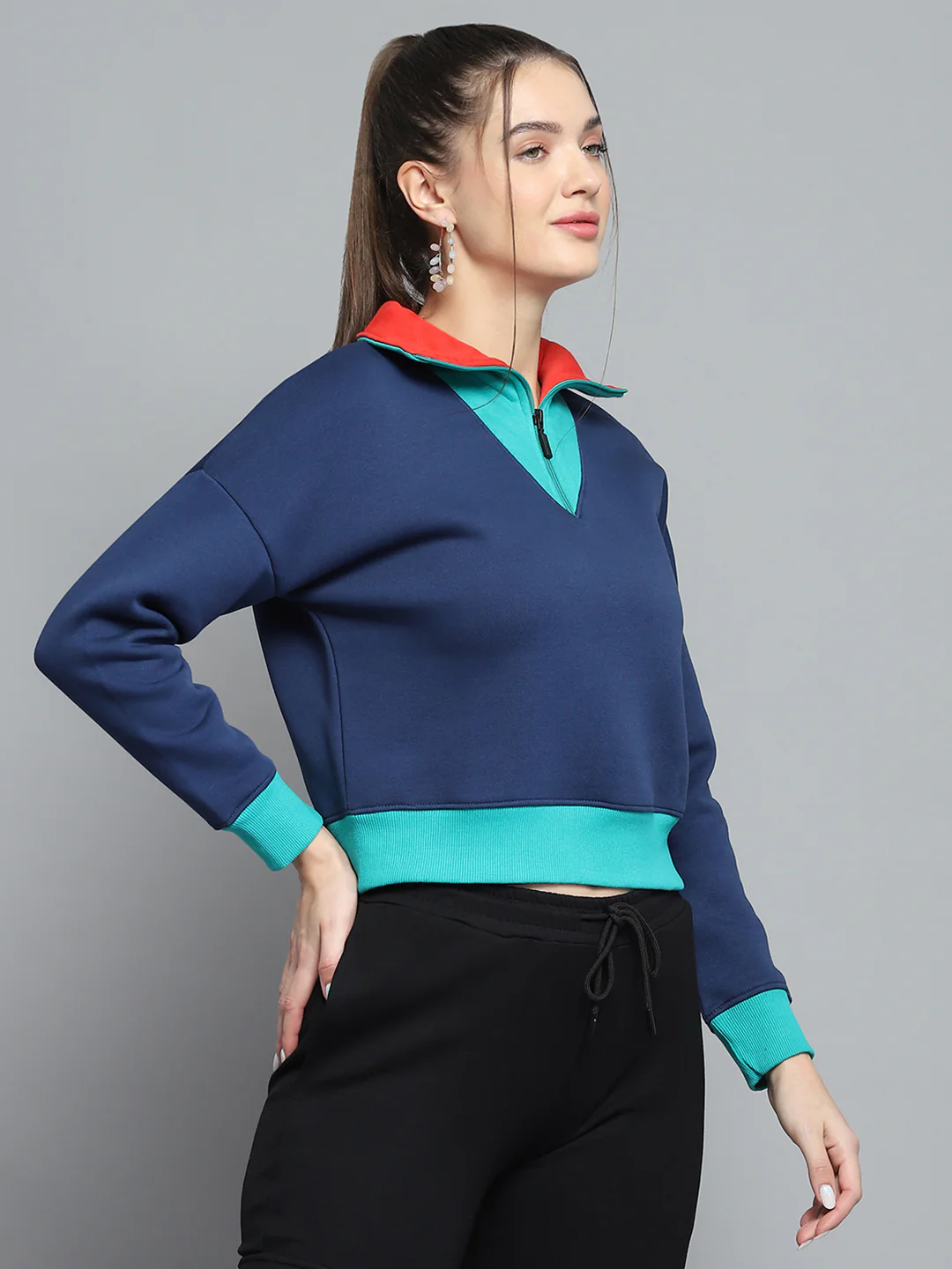 Rock.it Women Blue Solid Collar Full Sleeve Sweatshirt - Image 4