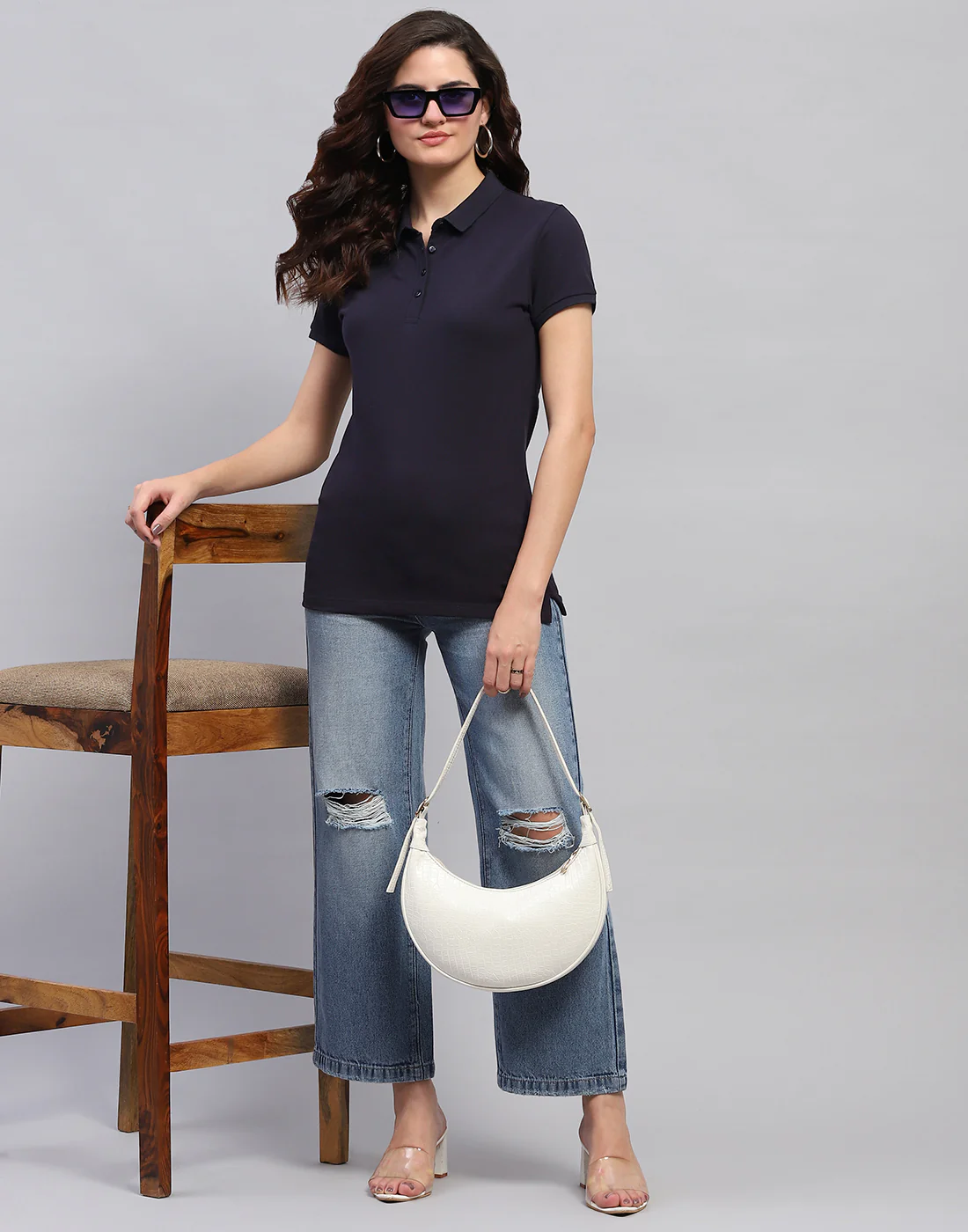 Women Blue Solid Collar Half Sleeve T-Shirt - Image 2