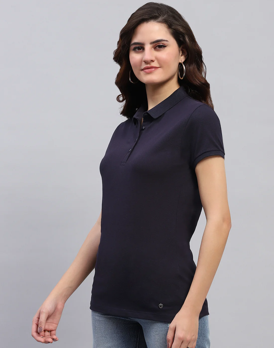Women Blue Solid Collar Half Sleeve T-Shirt - Image 4