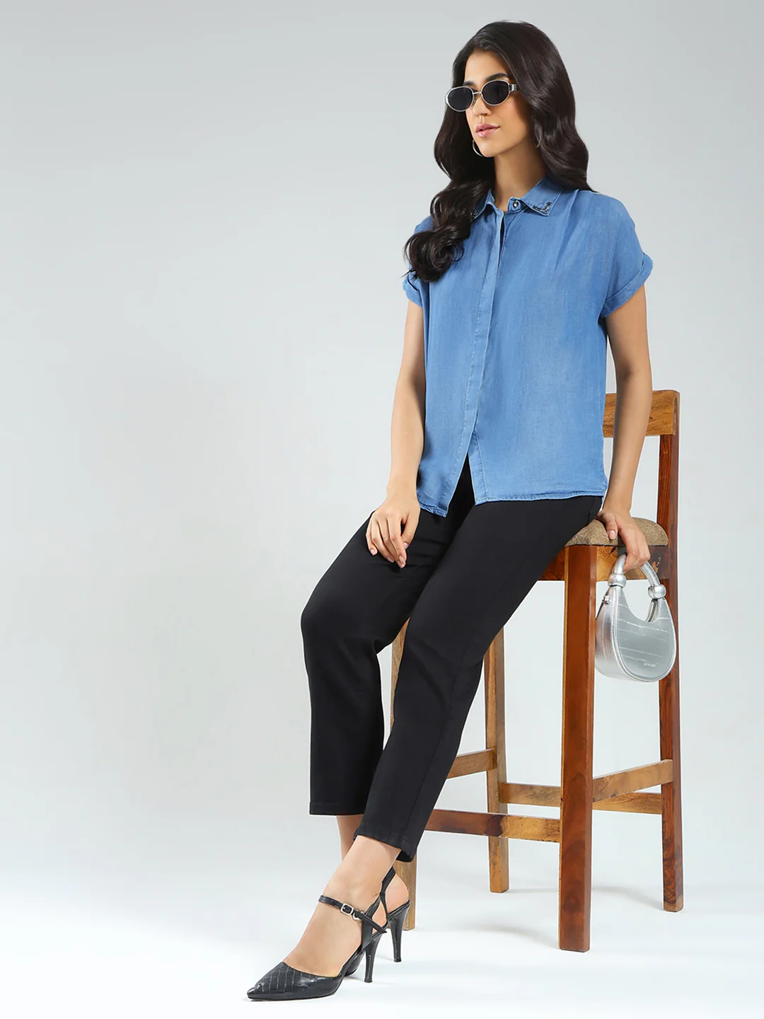 Women Blue Solid Collar Half Sleeve Top - Image 2