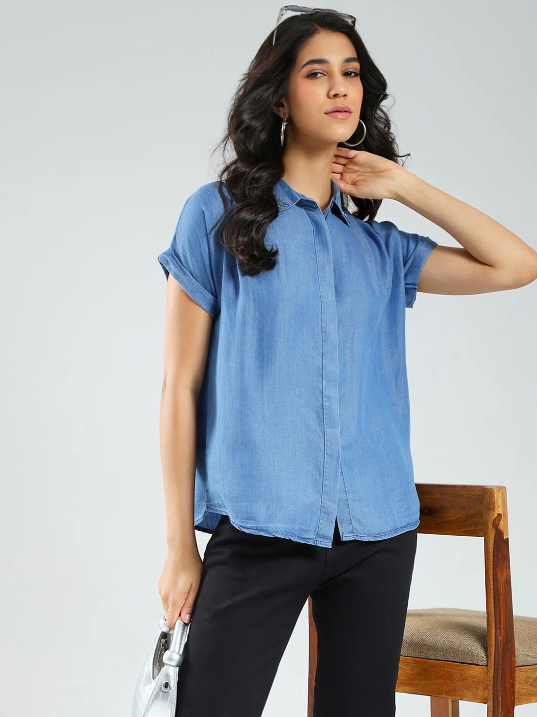 Women Blue Solid Collar Half Sleeve Top - Image 6