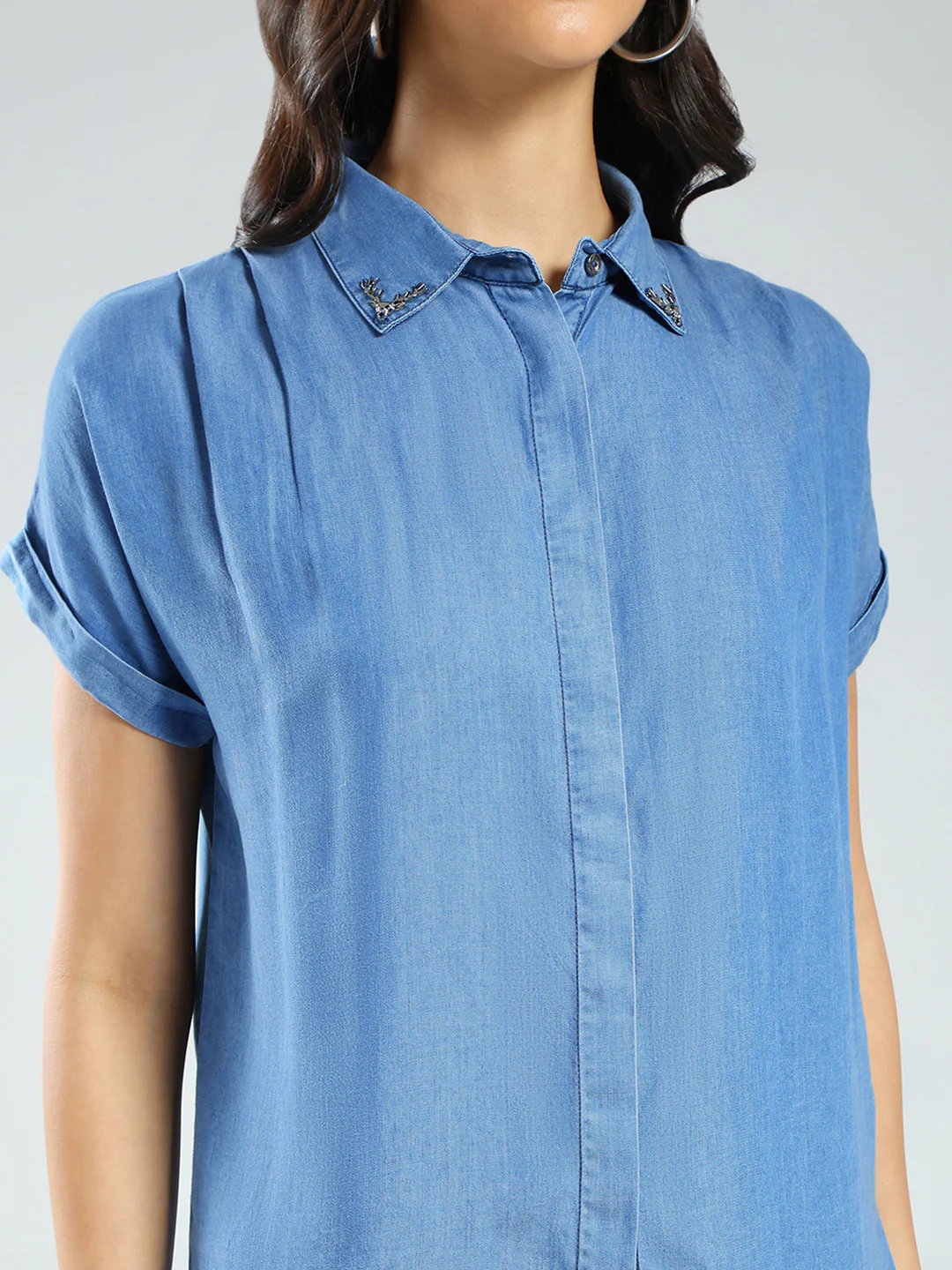 Women Blue Solid Collar Half Sleeve Top - Image 7