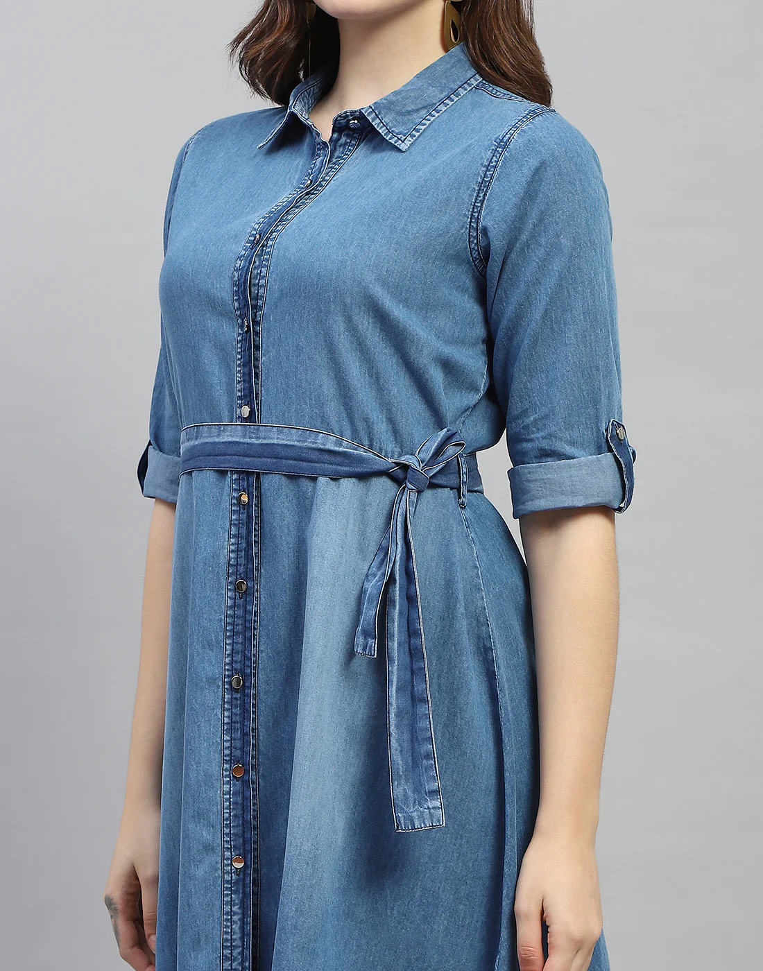 Women Blue Solid Collar Neck 3/4 Sleeve Dress - Image 2
