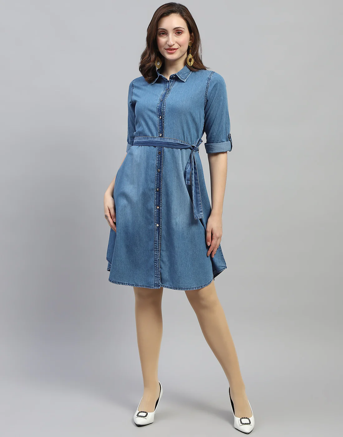 Women Blue Solid Collar Neck 3/4 Sleeve Dress - Image 3