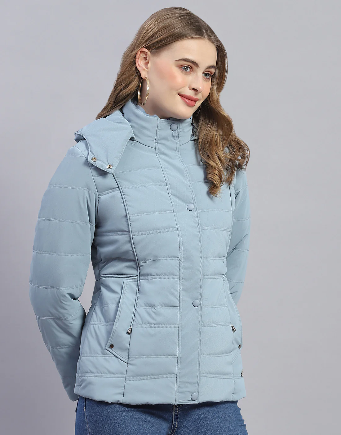 Women Blue Solid Hooded Full Sleeve Jacket - Image 4