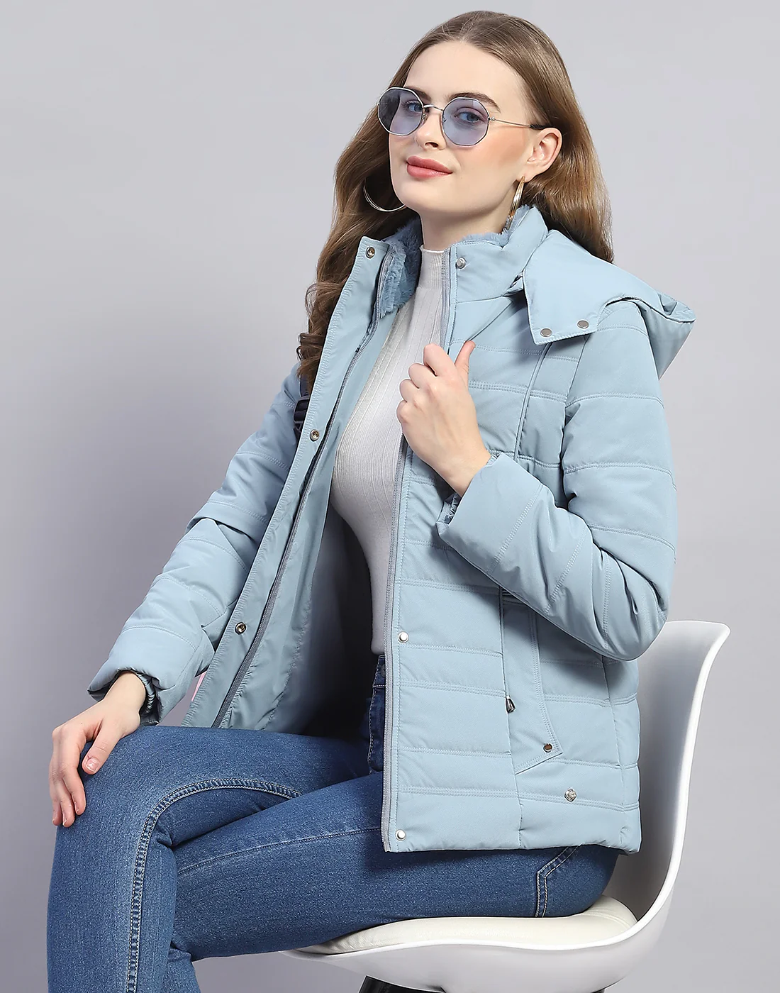 Women Blue Solid Hooded Full Sleeve Jacket - Image 6