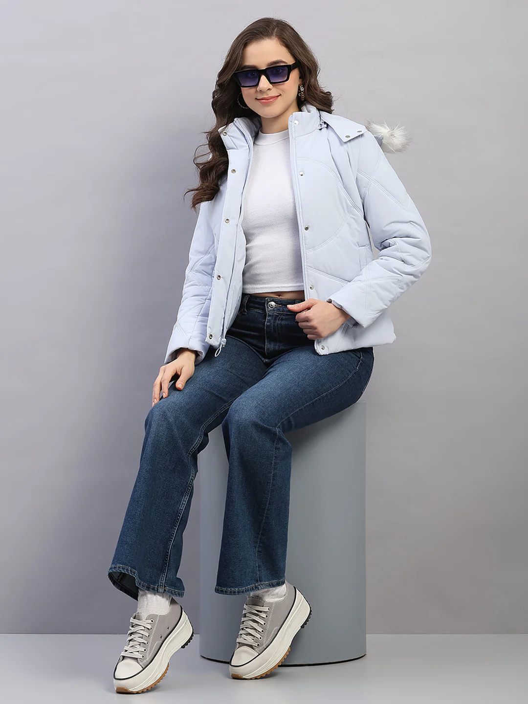 Women Blue Solid Hooded Full Sleeve Jacket - Image 2
