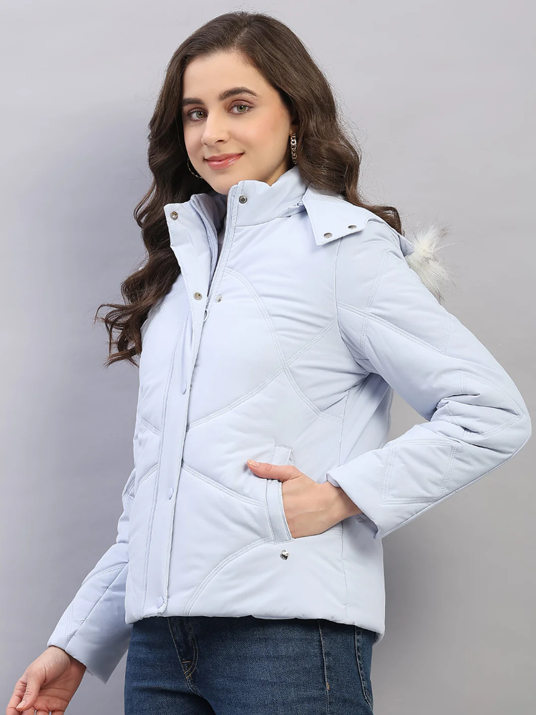 Women Blue Solid Hooded Full Sleeve Jacket - Image 3