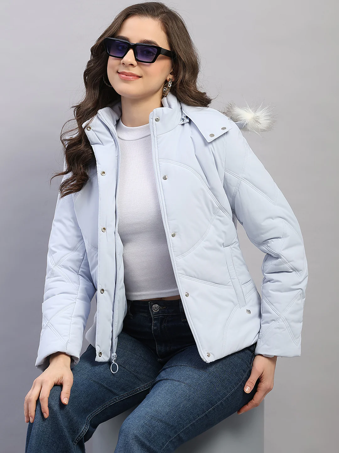 Women Blue Solid Hooded Full Sleeve Jacket - Image 6
