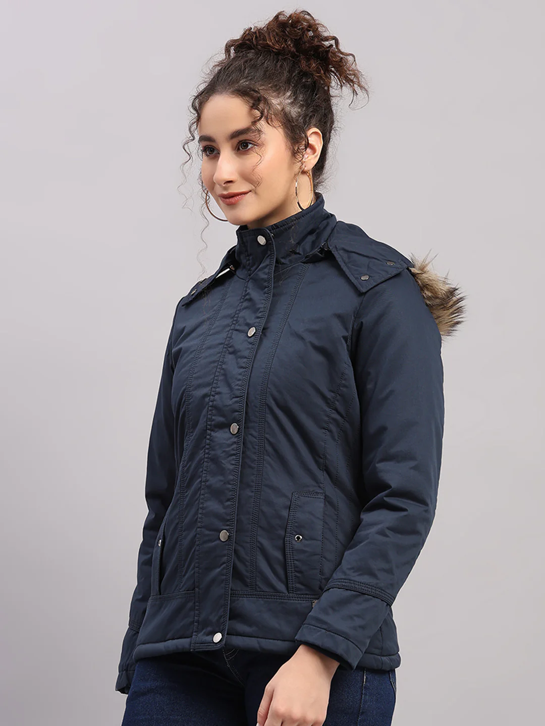 Women Blue Solid Hooded Full Sleeve Jacket - Image 3