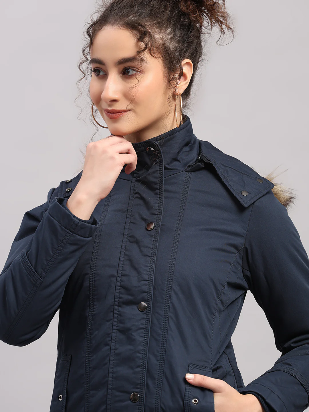 Women Blue Solid Hooded Full Sleeve Jacket - Image 7