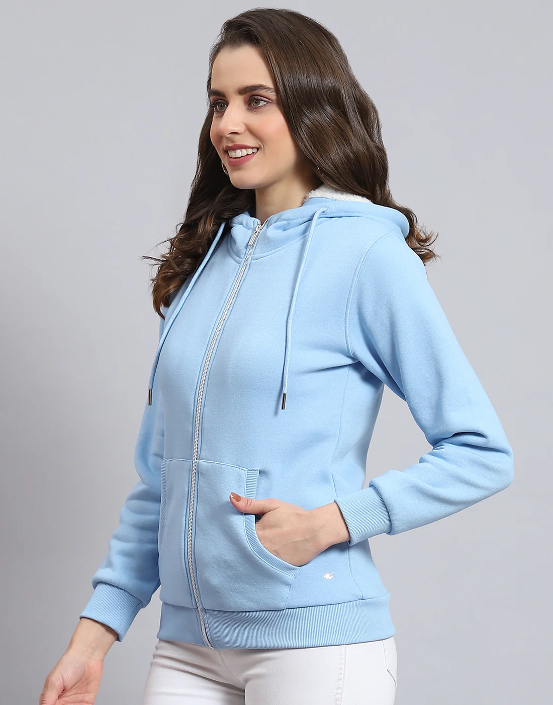 Women Blue Solid Hooded Full Sleeve Sweatshirt - Image 3